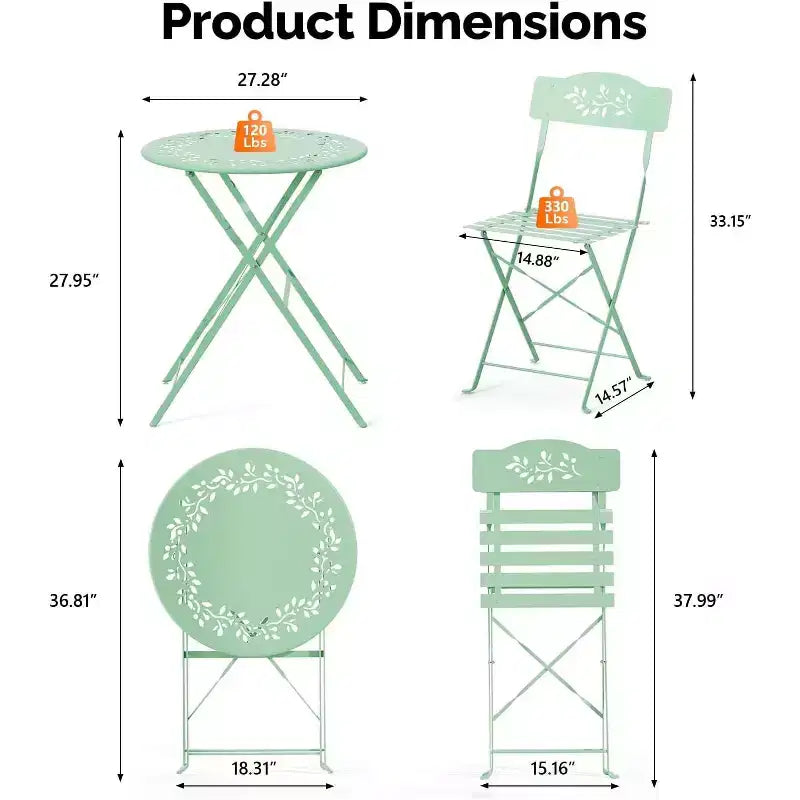 VINGLI Outdoor Folding Bistro Table and Chairs Set of 2, 3-Piece Bistro Set with Olive Leaf Cutout Design and Comfortable Cushions