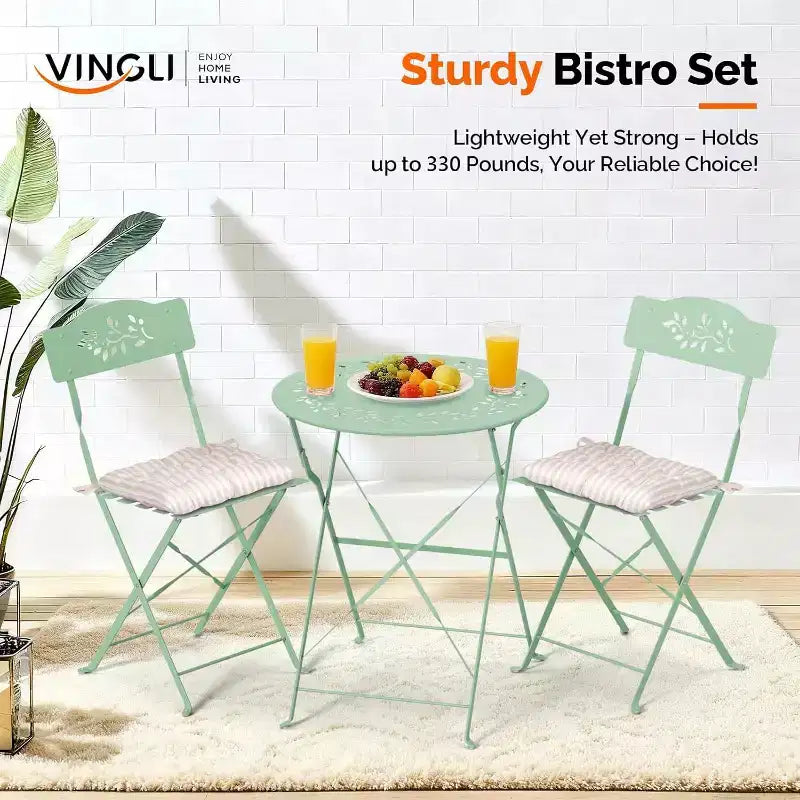 VINGLI Outdoor Folding Bistro Table and Chairs Set of 2, 3-Piece Bistro Set with Olive Leaf Cutout Design and Comfortable Cushions