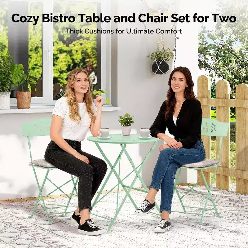 VINGLI Outdoor Folding Bistro Table and Chairs Set of 2, 3-Piece Bistro Set with Olive Leaf Cutout Design and Comfortable Cushions