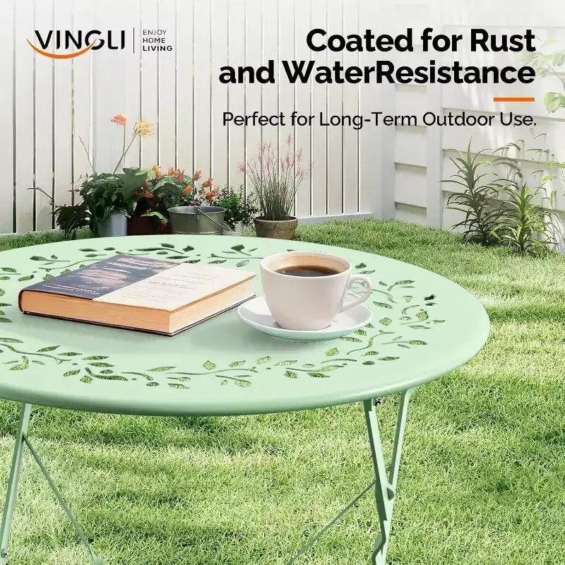 VINGLI Outdoor Folding Bistro Table and Chairs Set of 2, 3-Piece Bistro Set with Olive Leaf Cutout Design and Comfortable Cushions
