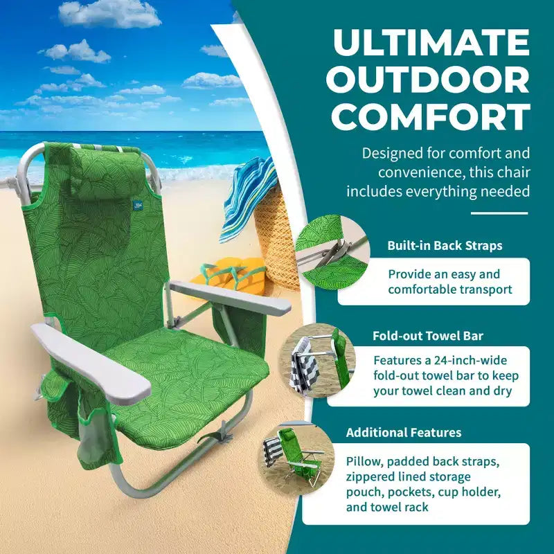 Bliss Hammocks Folding Beach Chair Recliner with Detachable Cooler