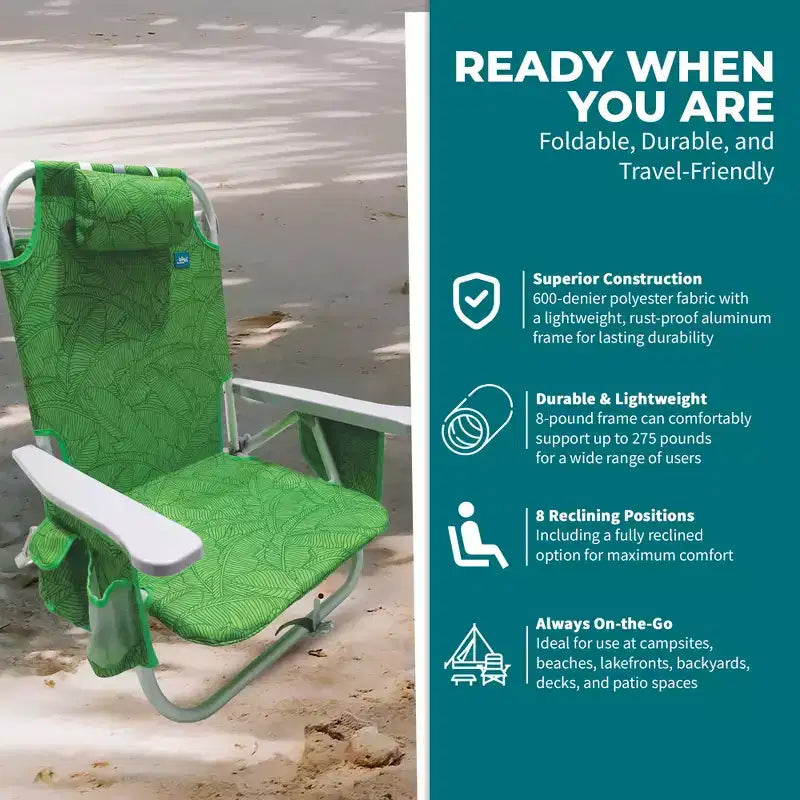Bliss Hammocks Folding Beach Chair Recliner with Detachable Cooler