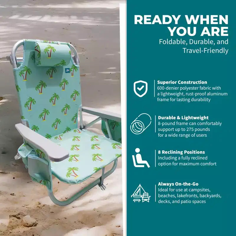 Bliss Hammocks Folding Beach Chair Recliner with Detachable Cooler