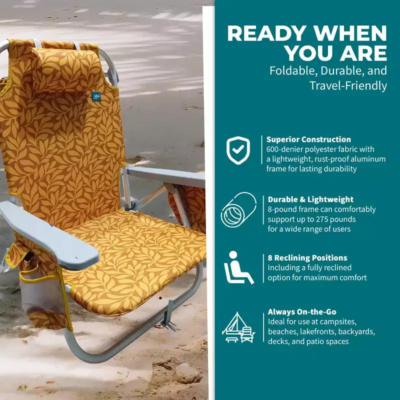 Bliss Hammocks Folding Beach Chair Recliner with Detachable Cooler
