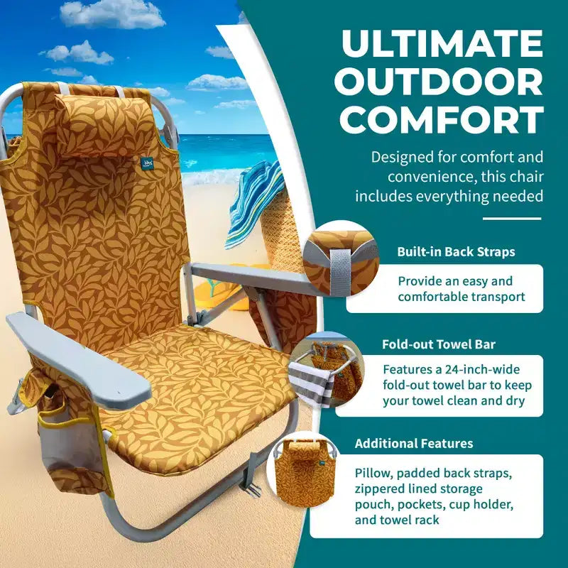 Bliss Hammocks Folding Beach Chair Recliner with Detachable Cooler