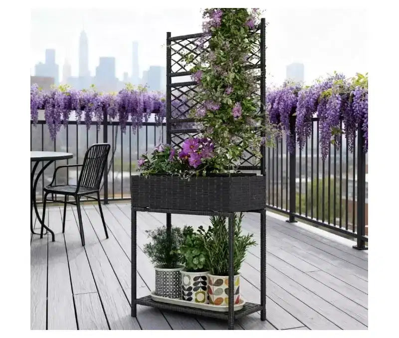 Freestanding Rattan Garden Box,Outdoor Wicker Planter with Trellis for Climbing Plants,with Storage Shelf