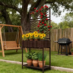 Freestanding Rattan Garden Box,Outdoor Wicker Planter with Trellis for Climbing Plants,with Storage Shelf