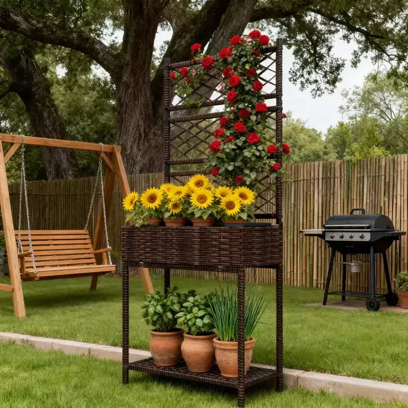 Freestanding Rattan Garden Box,Outdoor Wicker Planter with Trellis for Climbing Plants,with Storage Shelf