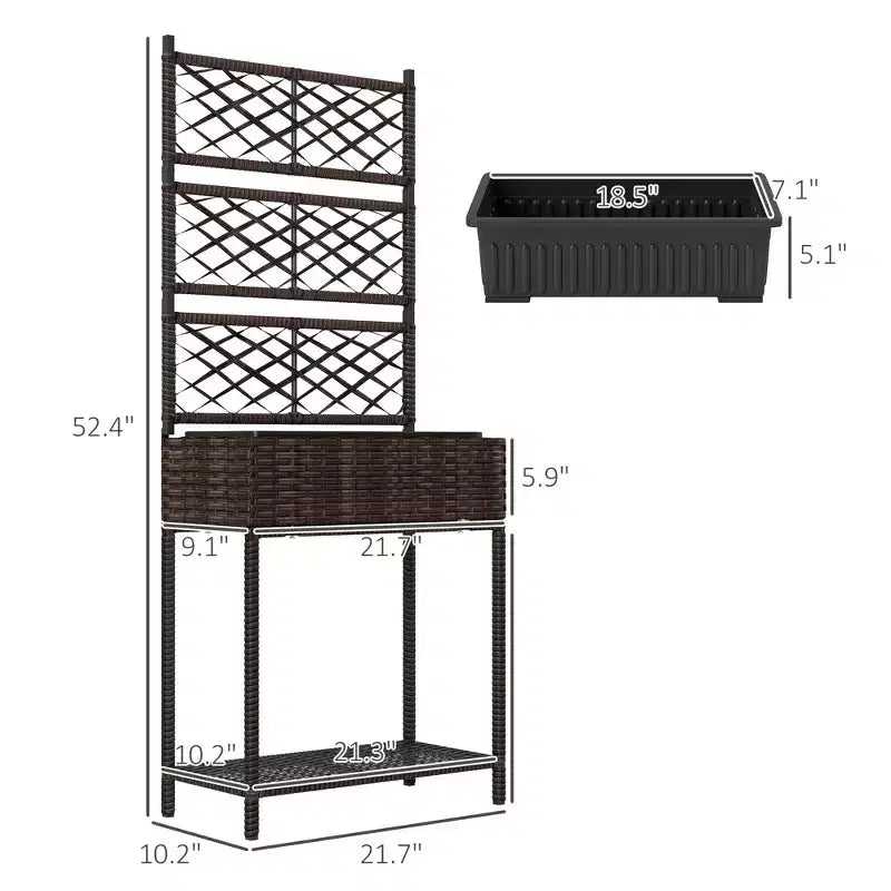 Freestanding Rattan Garden Box,Outdoor Wicker Planter with Trellis for Climbing Plants,with Storage Shelf