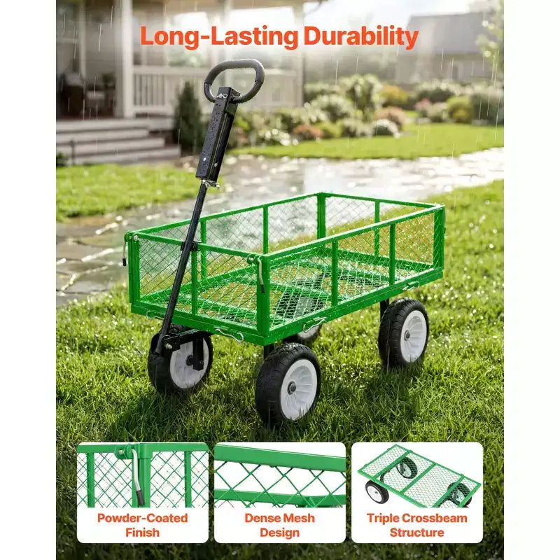 VEVOR Garden Cart, 900 LBS, Heavy Duty Steel Yard and Garden Utility Wagon with 10-Inch Tires, Outdoor Gardening Stool with Adjustable Handle, Green