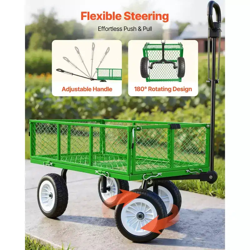 VEVOR Garden Cart, 900 LBS, Heavy Duty Steel Yard and Garden Utility Wagon with 10-Inch Tires, Outdoor Gardening Stool with Adjustable Handle, Green