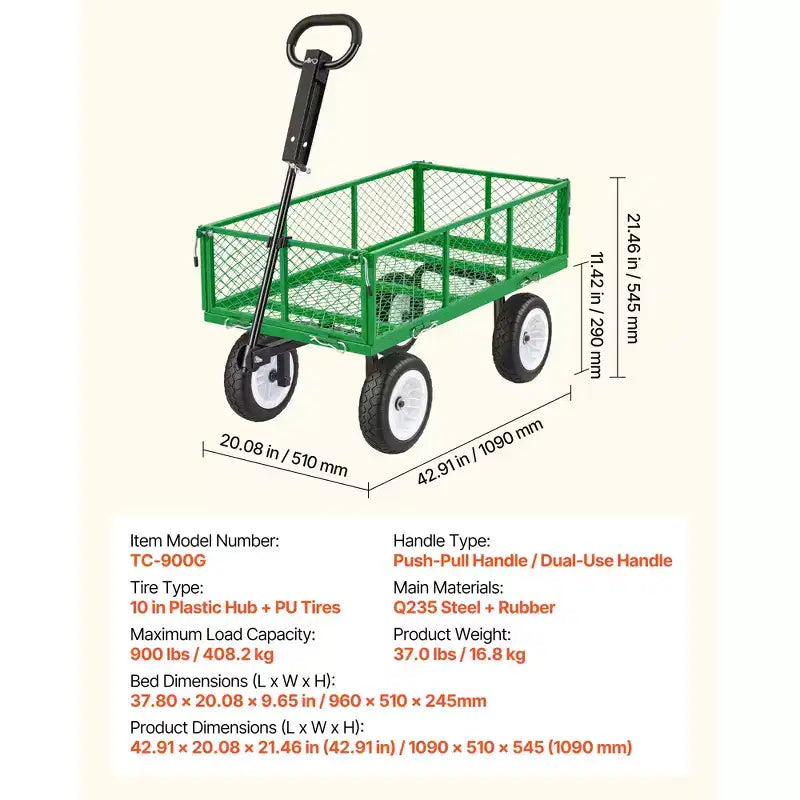 VEVOR Garden Cart, 900 LBS, Heavy Duty Steel Yard and Garden Utility Wagon with 10-Inch Tires, Outdoor Gardening Stool with Adjustable Handle, Green