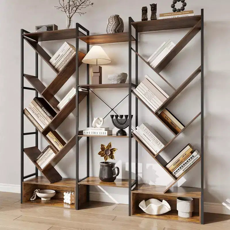 Triple 6 Tier Bookshelf, Large Bookcase Industrial Bookshelf with 24 Open Display Shelves, Industrial Tree Bookshelf, Wooden Tall Standing Bookshelf
