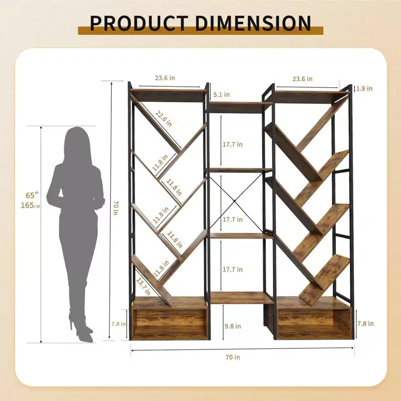 Triple 6 Tier Bookshelf, Large Bookcase Industrial Bookshelf with 24 Open Display Shelves, Industrial Tree Bookshelf, Wooden Tall Standing Bookshelf