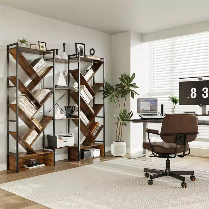 Triple 6 Tier Bookshelf, Large Bookcase Industrial Bookshelf with 24 Open Display Shelves, Industrial Tree Bookshelf, Wooden Tall Standing Bookshelf