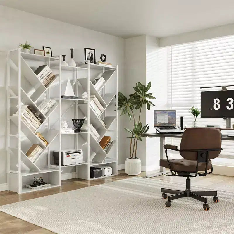 Triple 6 Tier Bookshelf, Large Bookcase Industrial Bookshelf with 24 Open Display Shelves, Industrial Tree Bookshelf, Wooden Tall Standing Bookshelf
