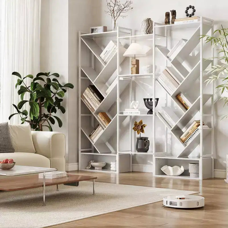 Triple 6 Tier Bookshelf, Large Bookcase Industrial Bookshelf with 24 Open Display Shelves, Industrial Tree Bookshelf, Wooden Tall Standing Bookshelf
