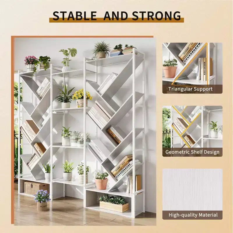 Triple 6 Tier Bookshelf, Large Bookcase Industrial Bookshelf with 24 Open Display Shelves, Industrial Tree Bookshelf, Wooden Tall Standing Bookshelf