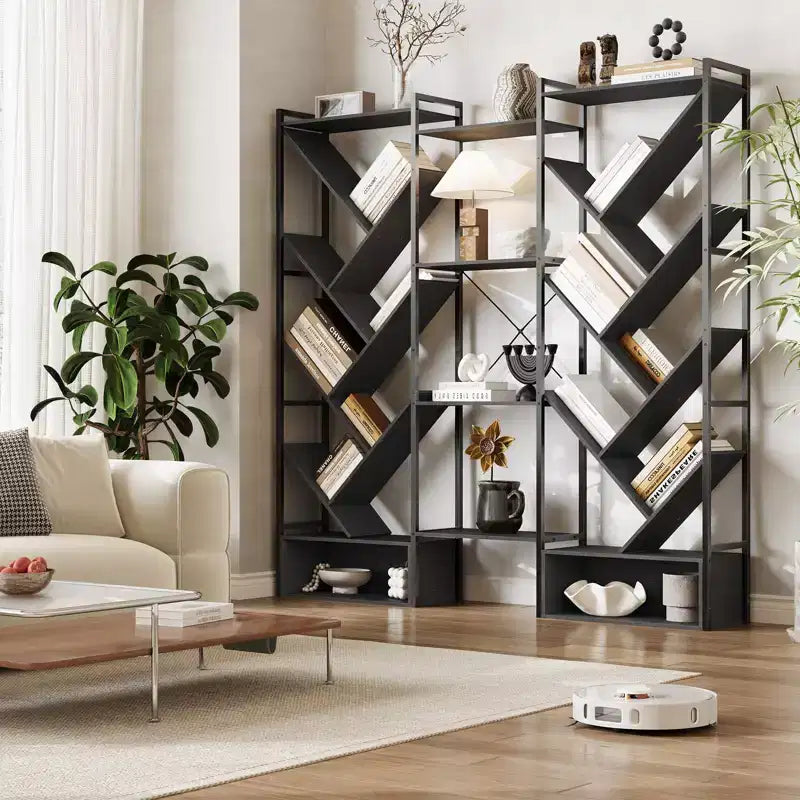 Triple 6 Tier Bookshelf, Large Bookcase Industrial Bookshelf with 24 Open Display Shelves, Industrial Tree Bookshelf, Wooden Tall Standing Bookshelf
