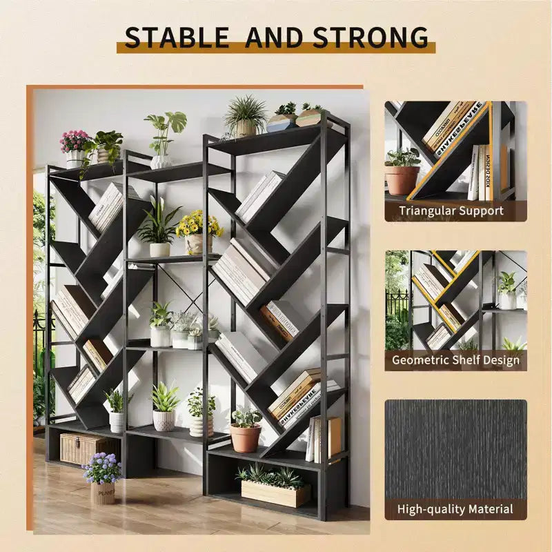 Triple 6 Tier Bookshelf, Large Bookcase Industrial Bookshelf with 24 Open Display Shelves, Industrial Tree Bookshelf, Wooden Tall Standing Bookshelf