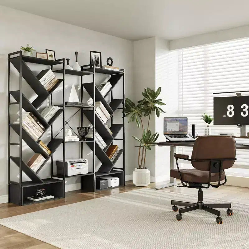 Triple 6 Tier Bookshelf, Large Bookcase Industrial Bookshelf with 24 Open Display Shelves, Industrial Tree Bookshelf, Wooden Tall Standing Bookshelf