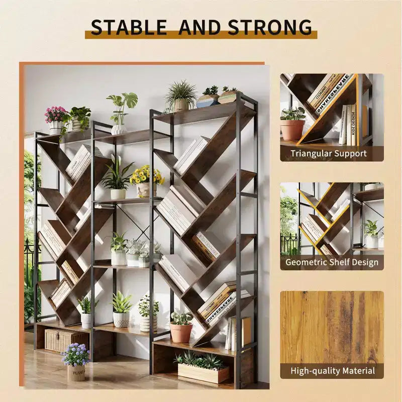 Triple 6 Tier Bookshelf, Large Bookcase Industrial Bookshelf with 24 Open Display Shelves, Industrial Tree Bookshelf, Wooden Tall Standing Bookshelf