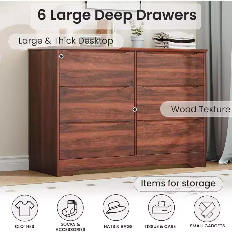 Wooden Dresser with 6 Drawers, Long Storage Dresser, Modern Closet, for Bedroom, Living Room