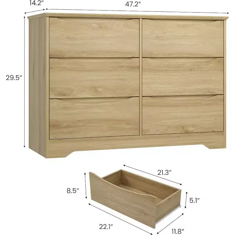 Wooden Dresser with 6 Drawers, Long Storage Dresser, Modern Closet, for Bedroom, Living Room