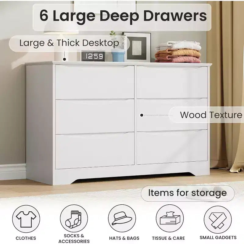 Wooden Dresser with 6 Drawers, Long Storage Dresser, Modern Closet, for Bedroom, Living Room