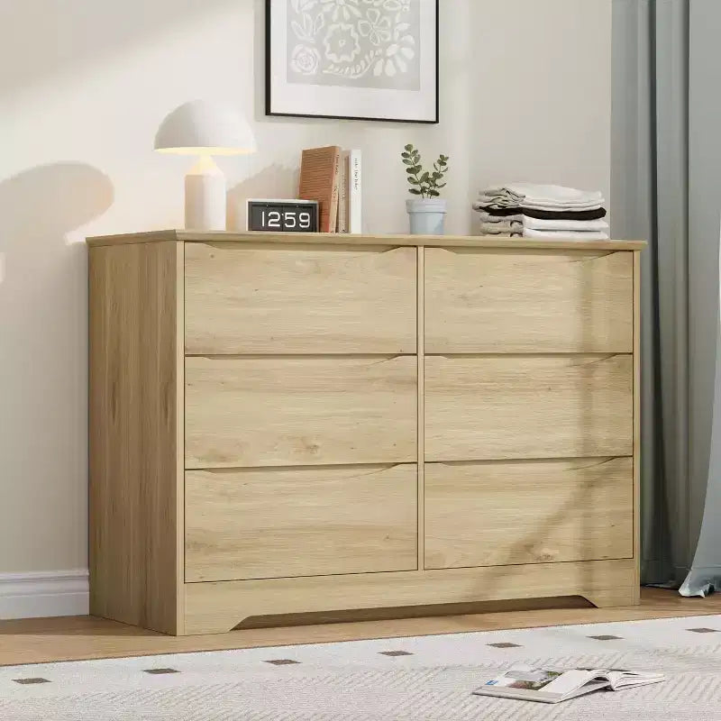 Wooden Dresser with 6 Drawers, Long Storage Dresser, Modern Closet, for Bedroom, Living Room