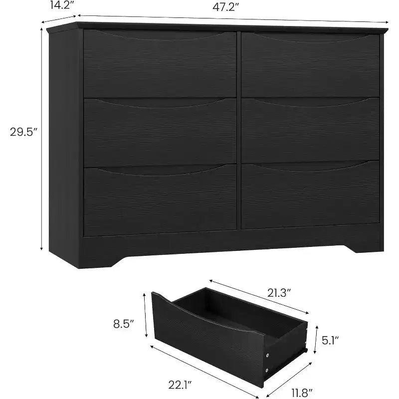 Wooden Dresser with 6 Drawers, Long Storage Dresser, Modern Closet, for Bedroom, Living Room