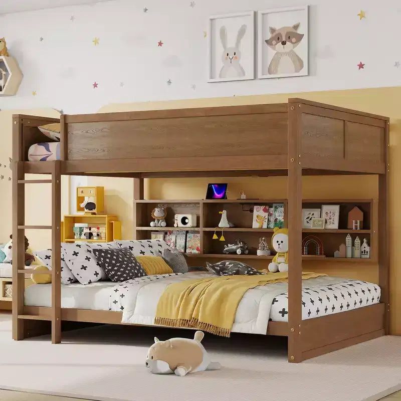 Clihome Queen Over Queen Bunk Bed with Storage, Charging Station & Guardrails