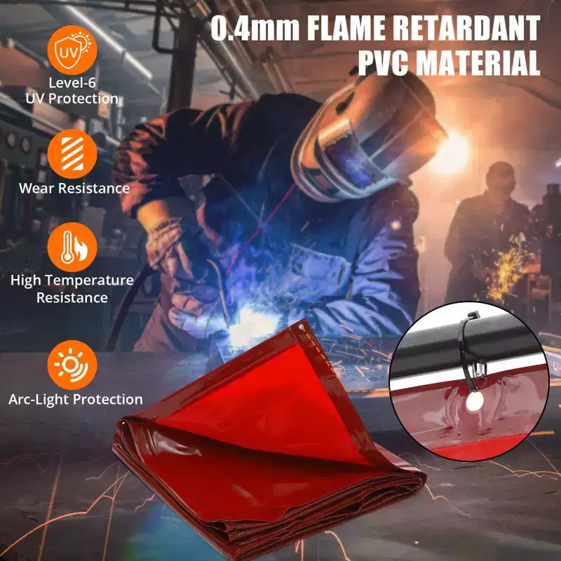 6x6ft Flame-Resistant Vinyl Welding Screen w/ Frame, Transparent Red Curtain, Lockable Swivel Casters, Portable Barrier for Workshop/Industrial