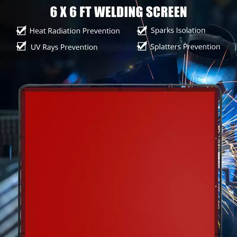 6x6ft Flame-Resistant Vinyl Welding Screen w/ Frame, Transparent Red Curtain, Lockable Swivel Casters, Portable Barrier for Workshop/Industrial