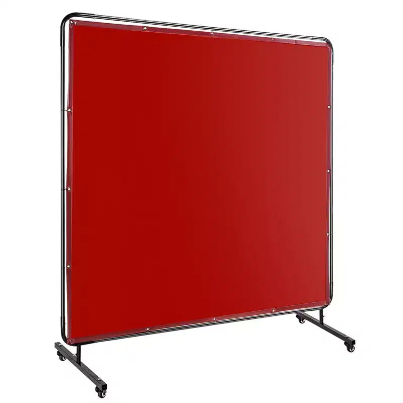 6x6ft Flame-Resistant Vinyl Welding Screen w/ Frame, Transparent Red Curtain, Lockable Swivel Casters, Portable Barrier for Workshop/Industrial