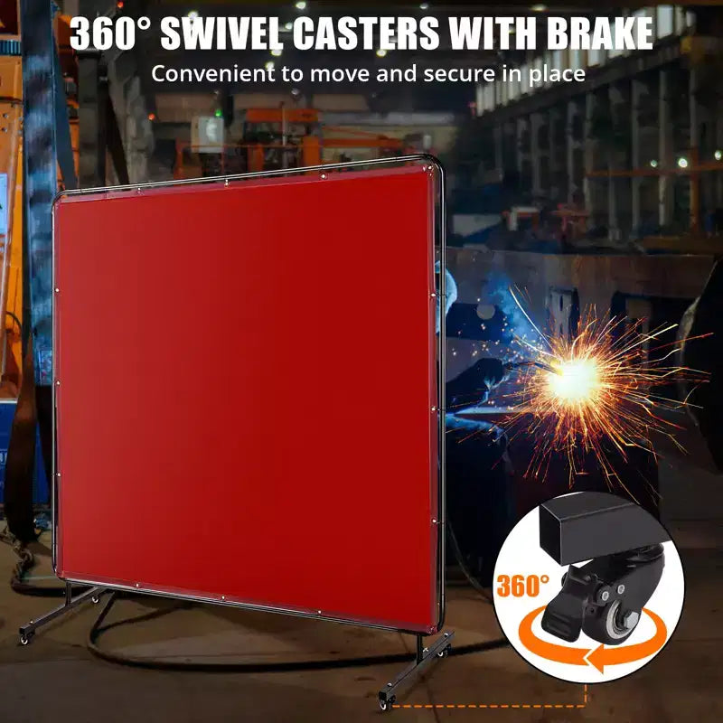 6x6ft Flame-Resistant Vinyl Welding Screen w/ Frame, Transparent Red Curtain, Lockable Swivel Casters, Portable Barrier for Workshop/Industrial