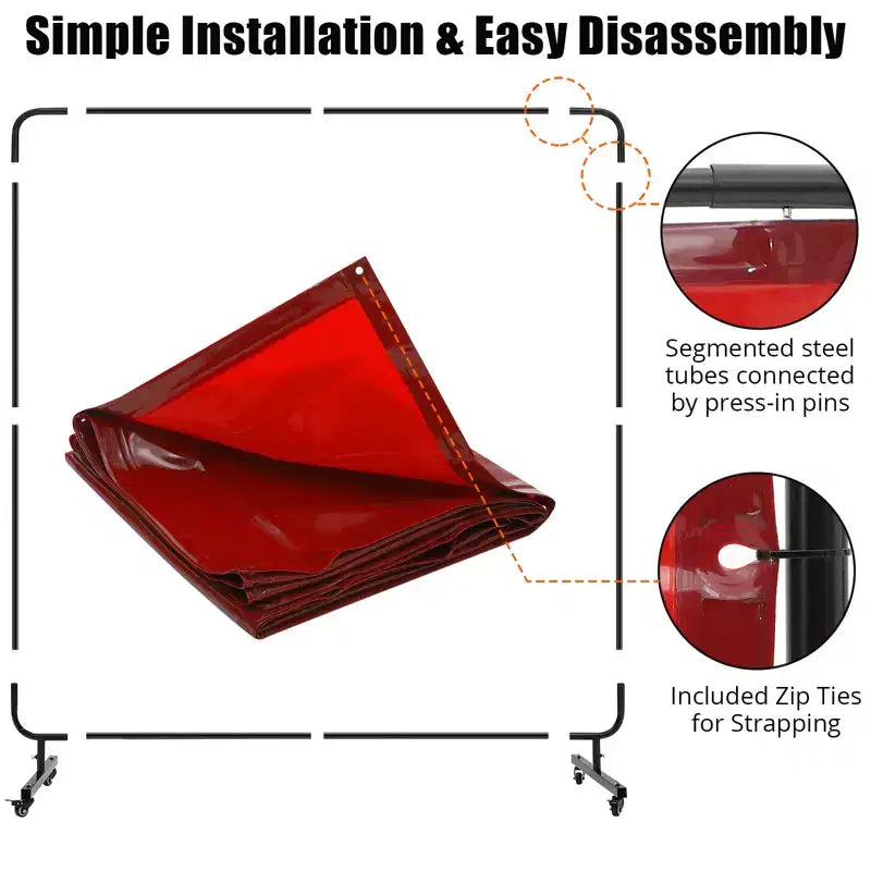 6x6ft Flame-Resistant Vinyl Welding Screen w/ Frame, Transparent Red Curtain, Lockable Swivel Casters, Portable Barrier for Workshop/Industrial
