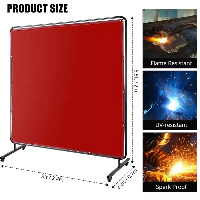 6x6ft Flame-Resistant Vinyl Welding Screen w/ Frame, Transparent Red Curtain, Lockable Swivel Casters, Portable Barrier for Workshop/Industrial
