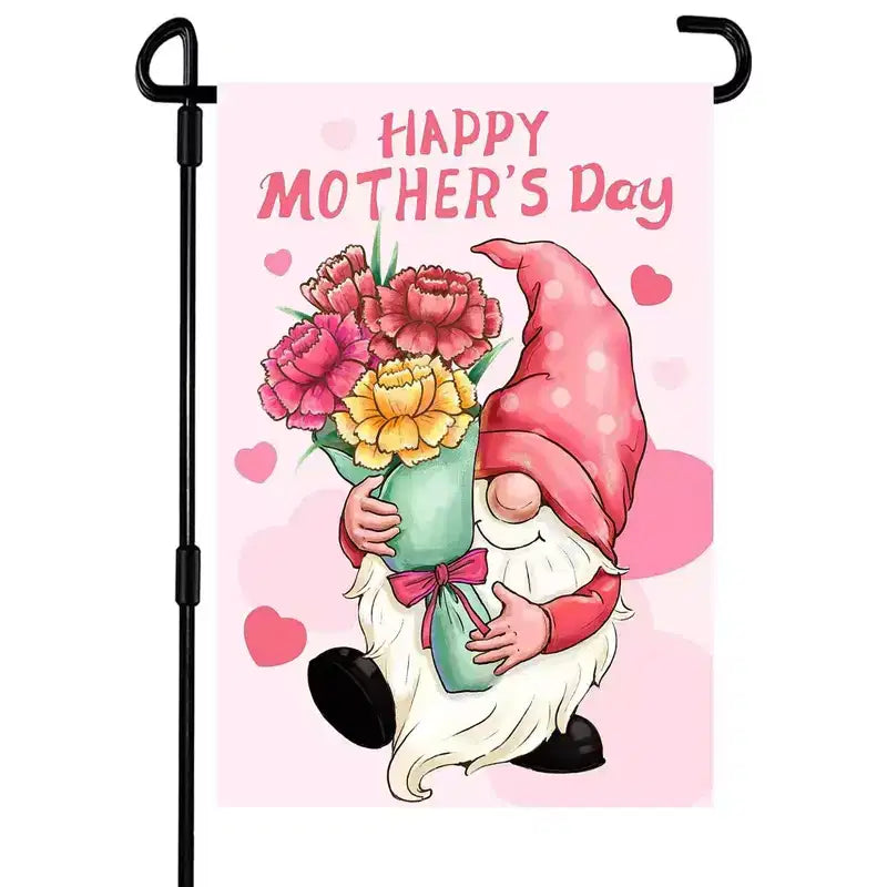Lomsoe Happy Mother's Day Garden Flag Gnome with Love Heart Welcome Yard Flag Holiday Yard Outdoor Sign Mother's Day Decor Gift 12x18 Inch