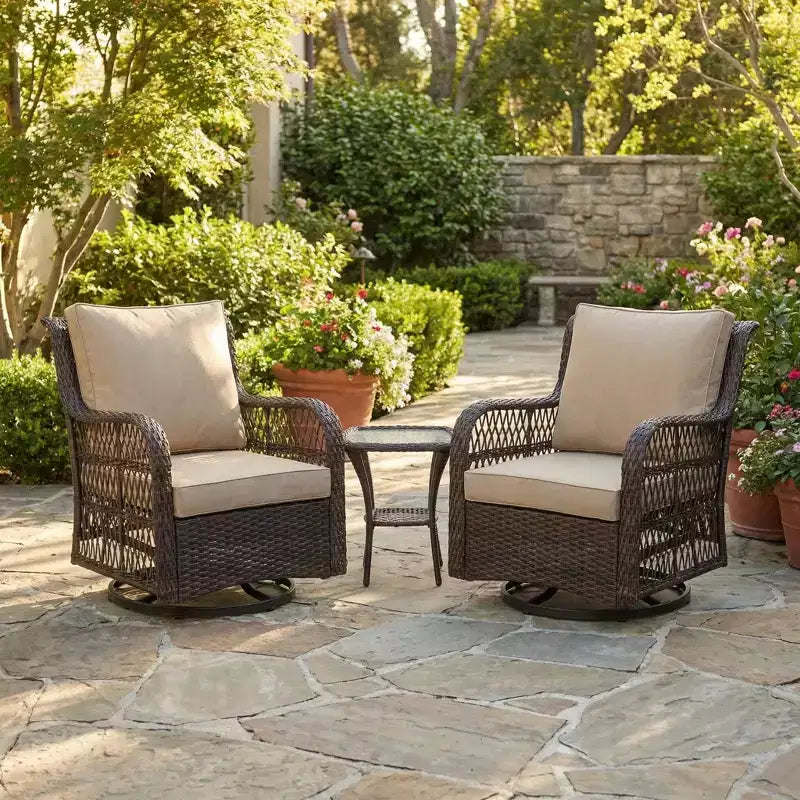 Garvee 3 Pcs Outside Table and Chairs, Wicker Swivel Rocker Patio Bistro Set for Backyard, Balcony, Garden, Apricot