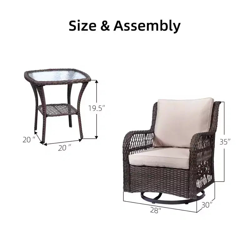 Garvee 3 Pcs Outside Table and Chairs, Wicker Swivel Rocker Patio Bistro Set for Backyard, Balcony, Garden, Apricot