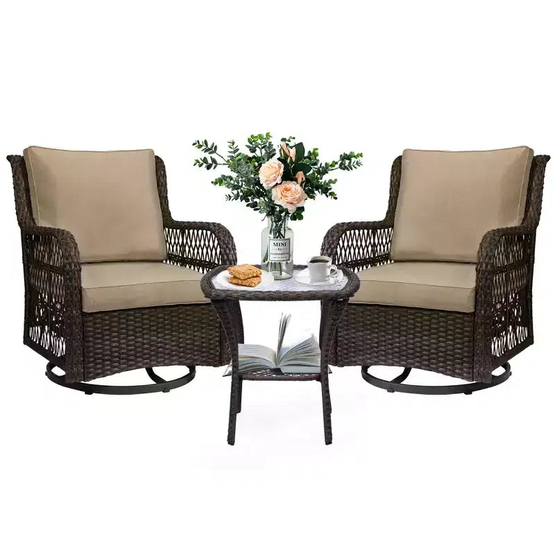 Garvee 3 Pcs Outside Table and Chairs, Wicker Swivel Rocker Patio Bistro Set for Backyard, Balcony, Garden, Apricot