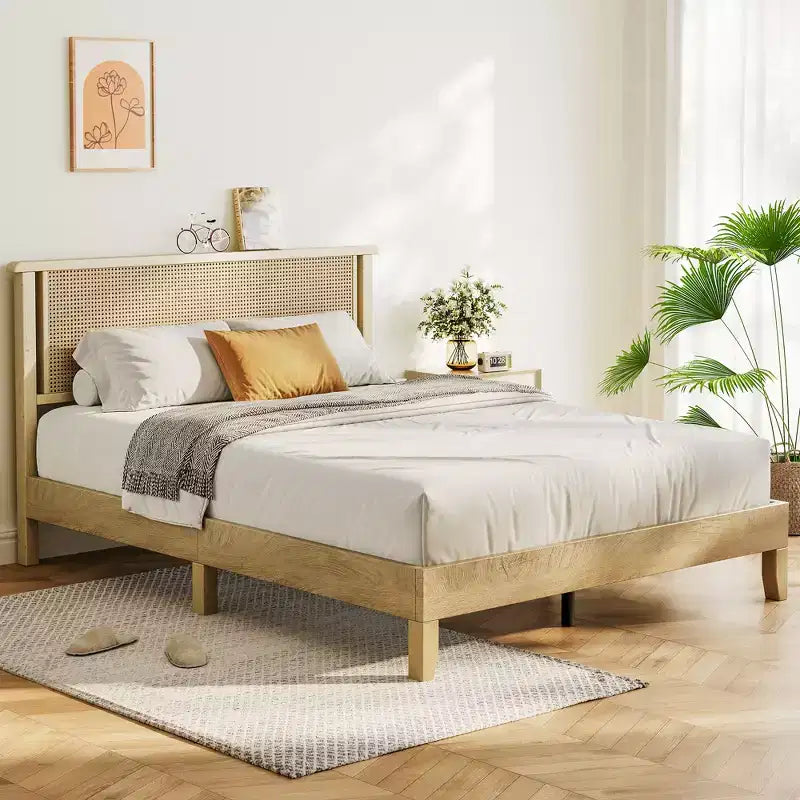 Dyonery Wood Queen Bed Frame, Platform Bed with Tall Headboard, Solid Wood Slat Support, Noise-Free Mattress Foundation, No Box Spring Needed