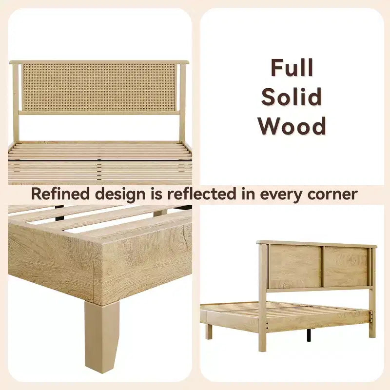 Dyonery Wood Queen Bed Frame, Platform Bed with Tall Headboard, Solid Wood Slat Support, Noise-Free Mattress Foundation, No Box Spring Needed
