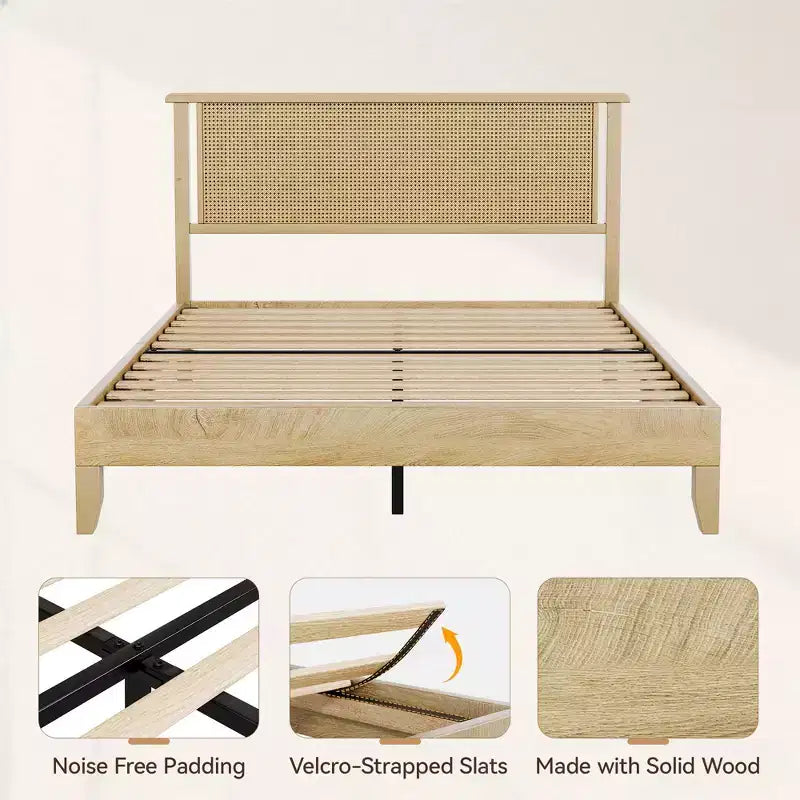 Dyonery Wood Queen Bed Frame, Platform Bed with Tall Headboard, Solid Wood Slat Support, Noise-Free Mattress Foundation, No Box Spring Needed