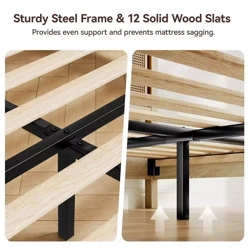 Dyonery Wood Queen Bed Frame, Platform Bed with Tall Headboard, Solid Wood Slat Support, Noise-Free Mattress Foundation, No Box Spring Needed