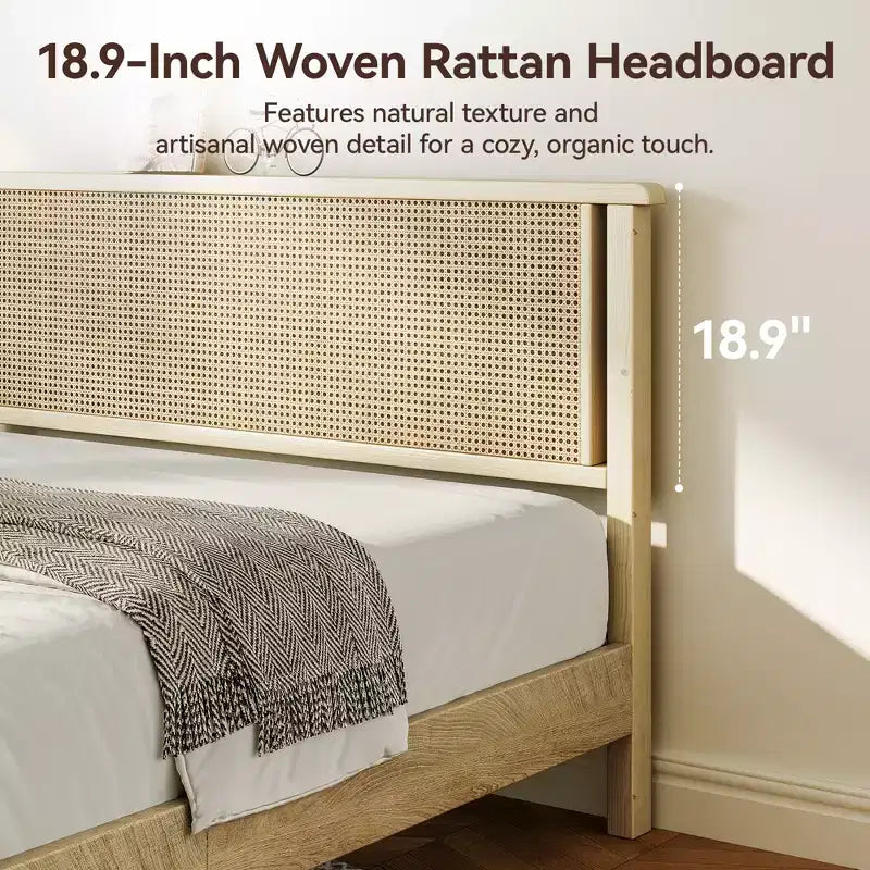 Dyonery Wood Queen Bed Frame, Platform Bed with Tall Headboard, Solid Wood Slat Support, Noise-Free Mattress Foundation, No Box Spring Needed