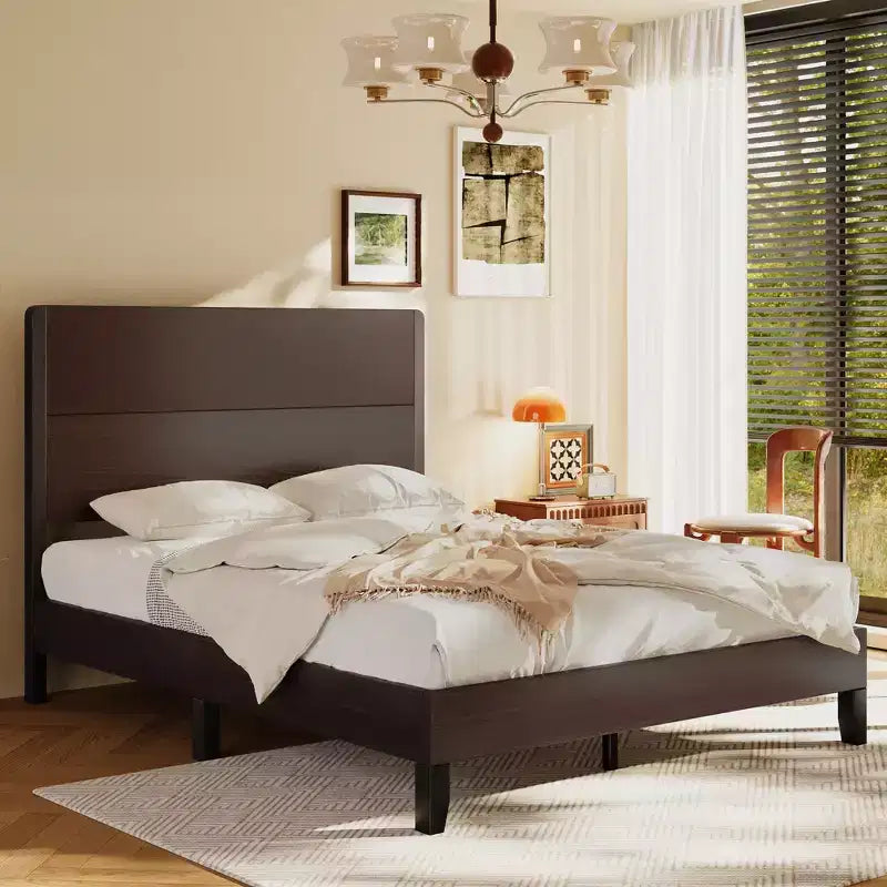 Dyonery Wood Queen Bed Frame, Platform Bed with Tall Headboard, Solid Wood Slat Support, Noise-Free Mattress Foundation, No Box Spring Needed