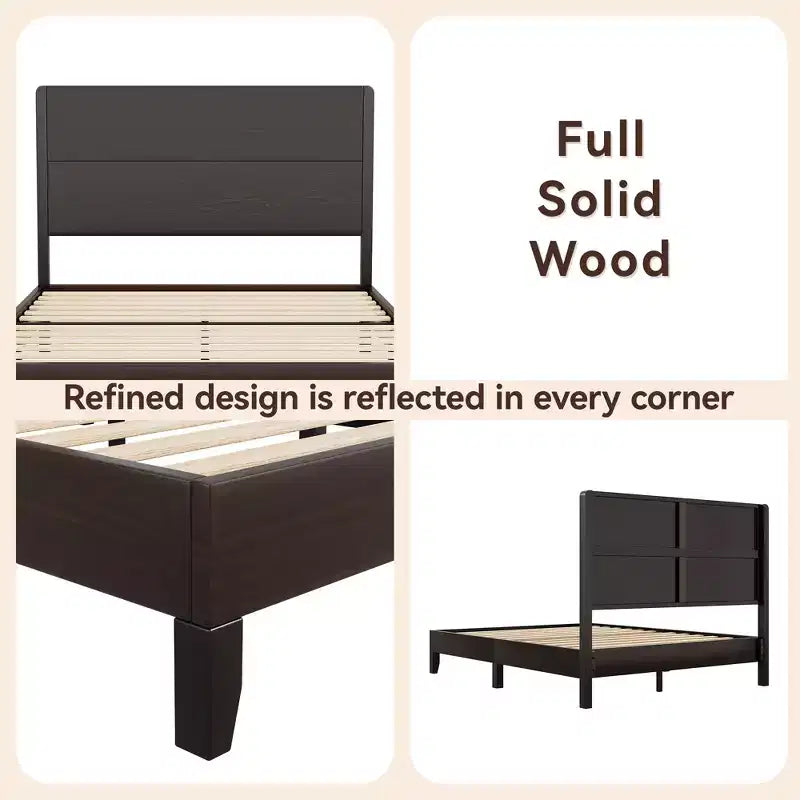 Dyonery Wood Queen Bed Frame, Platform Bed with Tall Headboard, Solid Wood Slat Support, Noise-Free Mattress Foundation, No Box Spring Needed