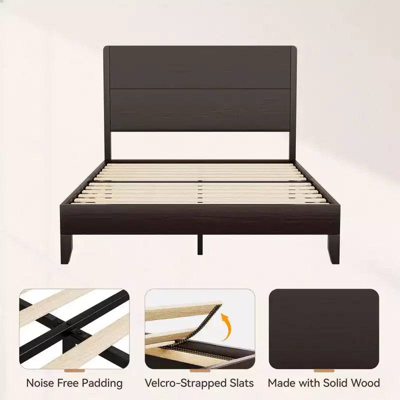 Dyonery Wood Queen Bed Frame, Platform Bed with Tall Headboard, Solid Wood Slat Support, Noise-Free Mattress Foundation, No Box Spring Needed